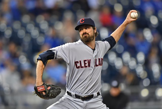 Sep 30, 2016; Kansas City, MO, USA; Cleveland Indians pitcher Andrew Miller (24) delivers a pitch against the Kansas City Royals during the eighth inning at Kauffman Stadium. Mandatory Credit: Peter G. Aiken-USA TODAY Sports