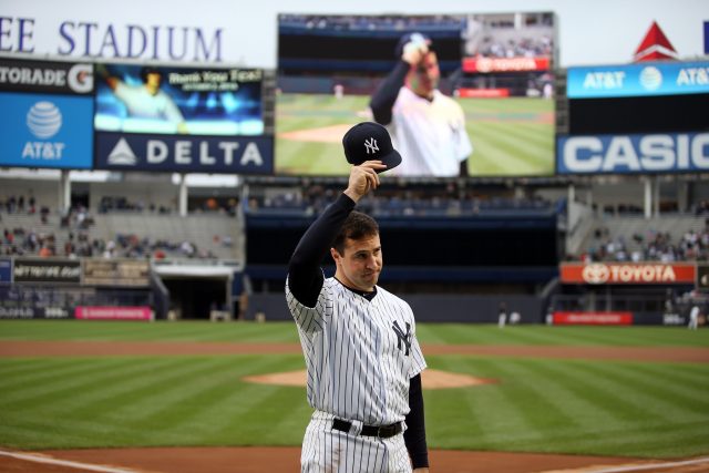 Oct 2, 2016; Bronx, NY, USA; New York Yankees first baseman Mark Teixeira (25) waves to the crowd during a retirement ceremony before a game against the Baltimore Orioles at Yankee Stadium. Mandatory Credit: Danny Wild-USA TODAY Sports