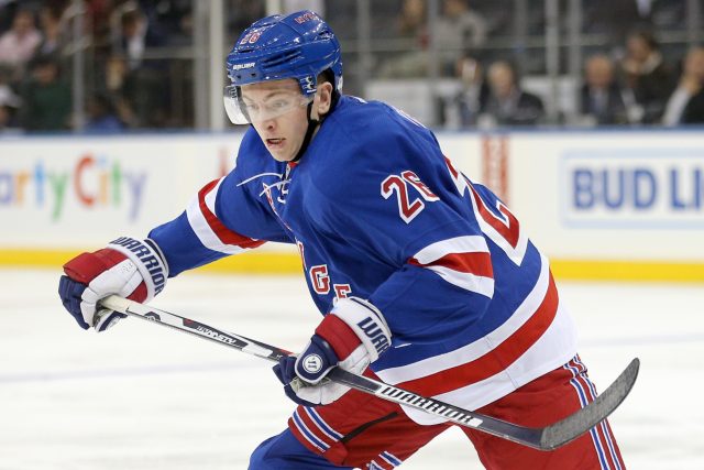 Sep 29, 2016; New York, NY, USA; New York Rangers left wing Jimmy Vesey (26) in action against the New Jersey Devils at Madison Square Garden. Mandatory Credit: Brad Penner-USA TODAY Sports