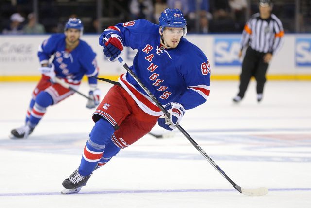 Sep 29, 2016; New York, NY, USA; New York Rangers right wing Pavel Buchnevich (89) in action against the New Jersey Devils at Madison Square Garden. Mandatory Credit: Brad Penner-USA TODAY Sports