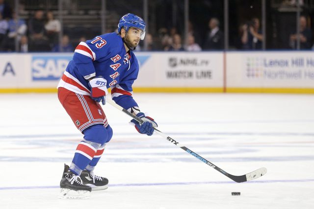Sep 29, 2016; New York, NY, USA; New York Rangers right wing Brandon Pirri (73) in action against the New Jersey Devils at Madison Square Garden. Mandatory Credit: Brad Penner-USA TODAY Sports