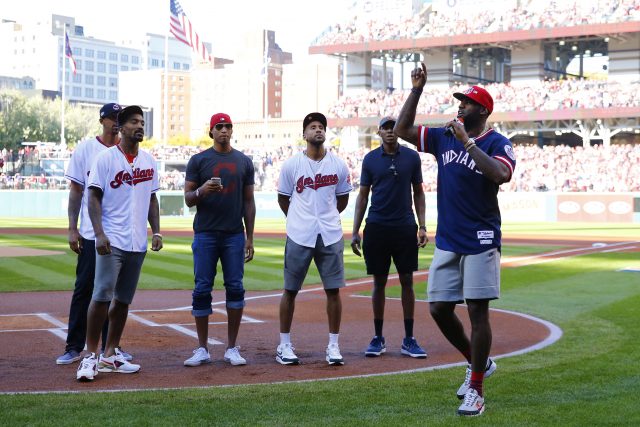 Oct 7, 2016; Cleveland, OH, USA; Cleveland Cavaliers forward LeBron James (right) speaks to the crowd before game two of the 2016 ALDS playoff baseball series between the Cleveland Indians and the Boston Red Sox at Progressive Field. Mandatory Credit: Rick Osentoski-USA TODAY Sports