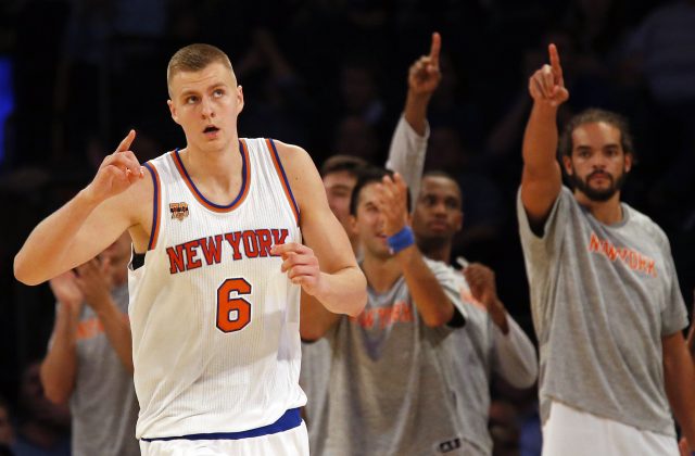Oct 8, 2016; New York, NY, USA; New York Knicks forward Kristaps Porzingis (6) reacts after scoring a basket against the Brooklyn Nets during the second half at Madison Square Garden. Mandatory Credit: Adam Hunger-USA TODAY Sports
