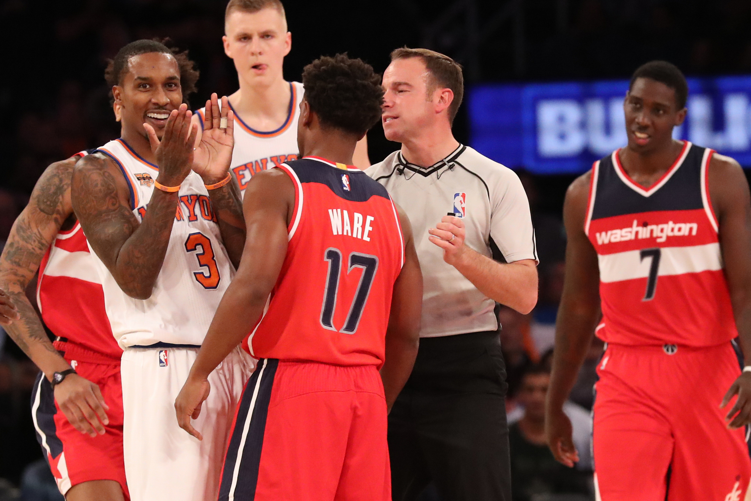 Oct 10, 2016; New York, NY, USA; New York Knicks guard Brandon Jennings (3) and Washington Wizards guard <a rel=