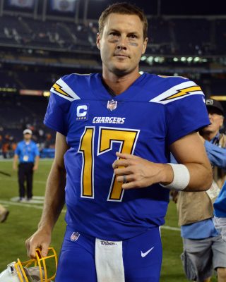 Oct 13, 2016; San Diego, CA, USA; San Diego Chargers quarterback Philip Rivers (17) comes off the field after a 21-13 win over the Denver Broncos at Qualcomm Stadium. Mandatory Credit: Jake Roth-USA TODAY Sports