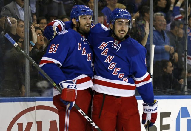 Oct 17, 2016; New York, NY, USA; New York Rangers left wing Rick Nash (61) celebrates scoring a goal against the San Jose Sharks with New York Rangers center Mika Zibanejad (93) during the second period at Madison Square Garden. Mandatory Credit: Adam Hunger-USA TODAY Sports