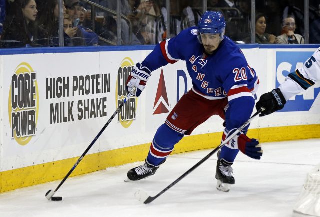 Oct 17, 2016; New York, NY, USA; New York Rangers left wing Chris Kreider (20) controls the puck during the second period against the San Jose Sharks at Madison Square Garden. Mandatory Credit: Adam Hunger-USA TODAY Sports