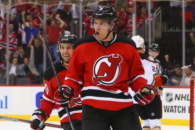 Oct 18, 2016; Newark, NJ, USA; New Jersey Devils left wing Taylor Hall (9) celebrates after scoring a goal against Anaheim Ducks goalie John Gibson (not pictured) during the second period at Prudential Center. Mandatory Credit: Ed Mulholland-USA TODAY Sports