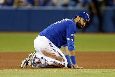 Oct 19, 2016; Toronto, Ontario, CAN; Toronto Blue Jays right fielder Jose Bautista (19) reacts being forced out during the sixth inning against the Cleveland Indians in game five of the 2016 ALCS playoff baseball series at Rogers Centre. Mandatory Credit: John E. Sokolowski-USA TODAY Sports