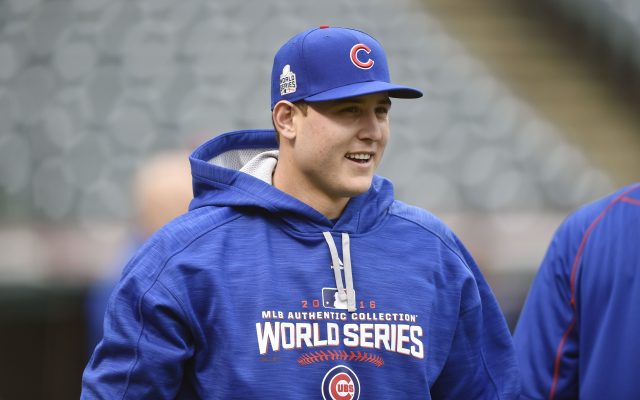 Oct 24, 2016; Cleveland , OH, USA; Chicago Cubs first baseman Anthony Rizzo (44) stands on the field during work out day prior to the start of the 2016 World Series at Progressive Field. Mandatory Credit: David Richard-USA TODAY Sports
