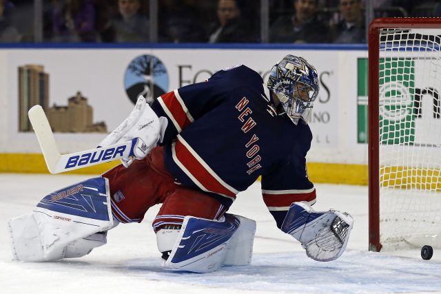 Oct 26, 2016; New York, NY, USA; New York Rangers goalie Henrik Lundqvist (30) gives up a goal to Boston Bruins center Austin Czarnik (27) during the first period at Madison Square Garden. Mandatory Credit: Adam Hunger-USA TODAY Sports