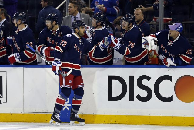 Oct 26, 2016; New York, NY, USA; New York Rangers right wing Brandon Pirri (73) celebrates scoring a goal with teammates during the third period against the Boston Bruins at Madison Square Garden. Mandatory Credit: Adam Hunger-USA TODAY Sports