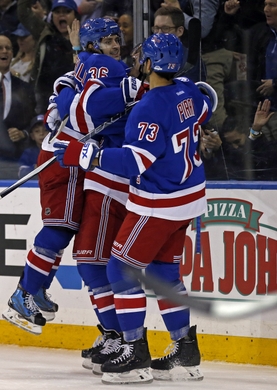 Nov 1, 2016; New York, NY, USA; New York Rangers right wing Mats Zuccarello (36) celebrates with teammates after scoring a goal during the second period against the St. Louis Blues at Madison Square Garden. Mandatory Credit: Adam Hunger-USA TODAY Sports