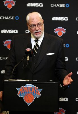 Jan 10, 2015; New York, NY, USA; New York Knicks president Phil Jackson addresses media before the start of  the game against Charlotte Hornets at Madison Square Garden. Mandatory Credit: Noah K. Murray-USA TODAY Sports