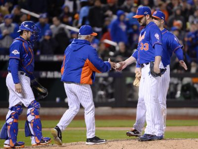 Oct 17, 2015; New York City, NY, USA; New York Mets starting pitcher Matt Harvey (33) is relieved by manager Terry Collins in the 8th inning against the Chicago Cubs in game one of the NLCS at Citi Field. Mandatory Credit: Robert Deutsch-USA TODAY Sports