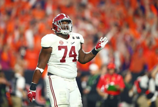 Jan 11, 2016; Glendale, AZ, USA; Alabama Crimson Tide offensive lineman Cam Robinson (74) reacts against the Clemson Tigers in the 2016 CFP National Championship at University of Phoenix Stadium. Mandatory Credit: Mark J. Rebilas-USA TODAY Sports