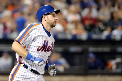 May 29, 2016; New York City, NY, USA; New York Mets catcher Kevin Plawecki (26) heads to first on a single to center during the eighth inning against the Los Angeles Dodgers at Citi Field. Mandatory Credit: Anthony Gruppuso-USA TODAY Sports