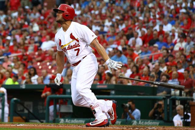 Jun 29, 2016; St. Louis, MO, USA; St. Louis Cardinals left fielder Matt Holliday (7) at bat against the Kansas City Royals at Busch Stadium. Mandatory Credit: Billy Hurst-USA TODAY Sports