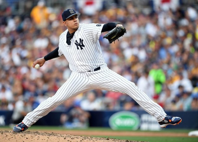 Jul 12, 2016; San Diego, CA, USA; American League pitcher Dellin Betances (68) of the New York Yankees throws a pitch in the 7th inning in the 2016 MLB All Star Game at Petco Park. Mandatory Credit: Gary A. Vasquez-USA TODAY Sports