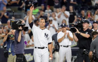 Aug 12, 2016; Bronx, NY, USA; New York Yankees designated hitter Alex Rodriguez (13) tips his cap in a farewell gesture to the fans after the game against the Tampa Bay Rays at Yankee Stadium. New York Yankees won 6-3. Mandatory Credit: Anthony Gruppuso-USA TODAY Sports