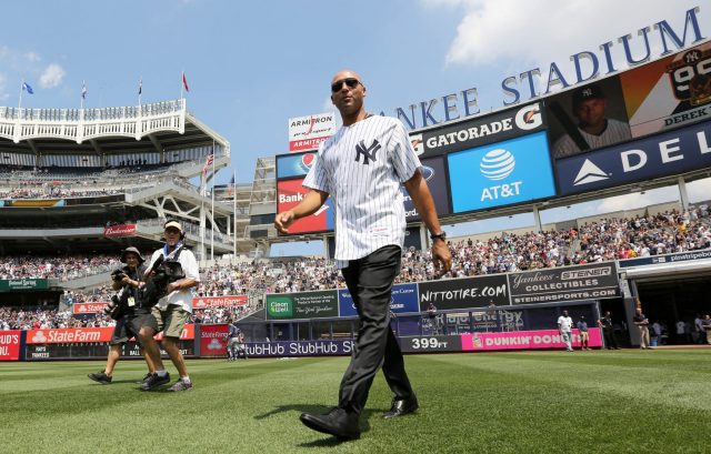 August 13, 2016; Bronx, NY, USA; Derek Jeter is introduced as the New York Yankees honor the 1996 World Series team at Yankee Stadium. Mandatory Credit: John Munson-Pool Photo via USA TODAY Sports