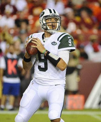 Aug 19, 2016; Landover, MD, USA; New York Jets quarterback Bryce Petty (9) drops back to pass against the Washington Redskins during the second half at FedEx Field. Mandatory Credit: Brad Mills-USA TODAY Sports