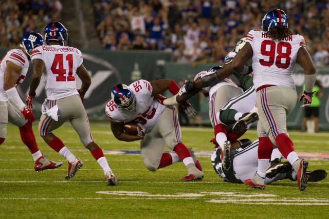 Aug 27, 2016; East Rutherford, NJ, USA;New York Giants defensive tackle Jay Bromley (96) recovers a fumble by New York Jets quarterback Ryan Fitzpatrick (14)  in the 1st half  at MetLife Stadium. Mandatory Credit: William Hauser-USA TODAY Sports