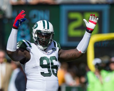 Sep 11, 2016; East Rutherford, NJ, USA; New York Jets defensive end Muhammad Wilkerson (96) reacts in the second half against the Cincinnati Bengals at MetLife Stadium. The Bengals defeated the Jets 23-22. Mandatory Credit: William Hauser-USA TODAY Sports