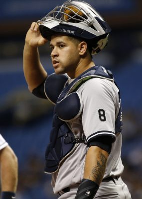 Sep 22, 2016; St. Petersburg, FL, USA; New York Yankees catcher Gary Sanchez (24) against the Tampa Bay Rays at Tropicana Field. Mandatory Credit: Kim Klement-USA TODAY Sports