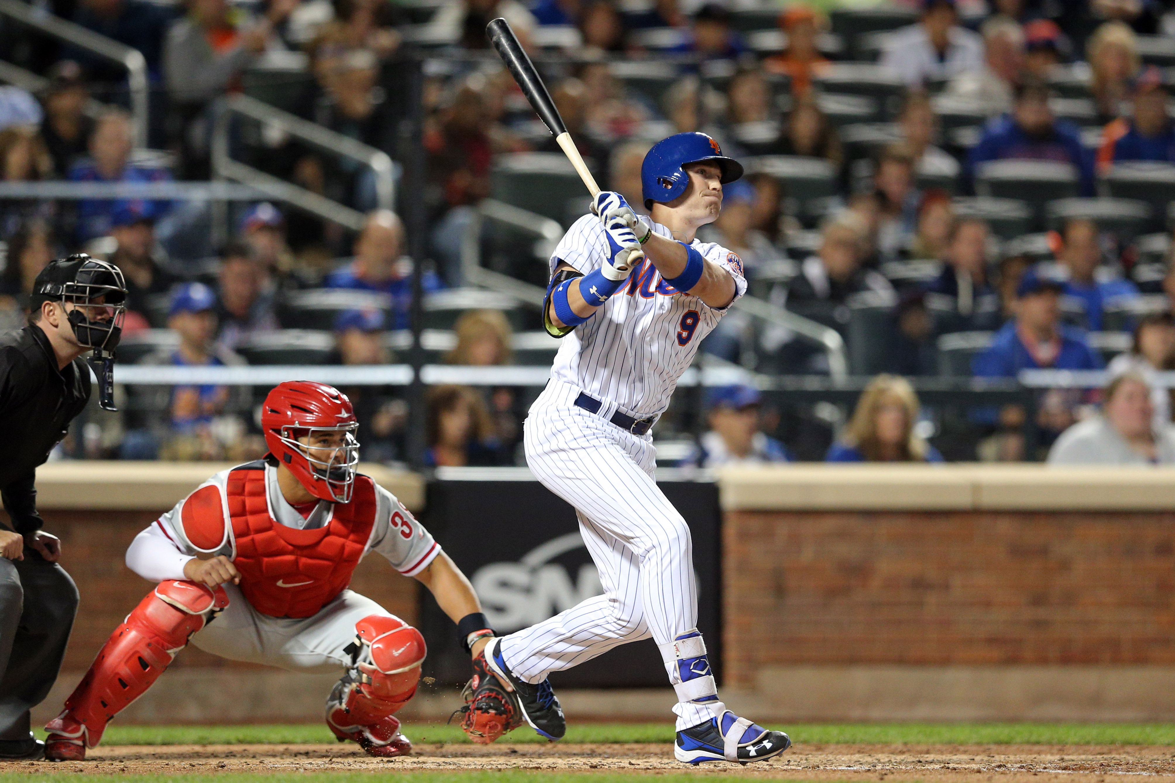 Sep 24, 2016; New York City, NY, USA; New York Mets right fielder Brandon Nimmo (9) hits an RBI double against the Philadelphia Phillies during the fifth inning at Citi Field. Mandatory Credit: Brad Penner-USA TODAY Sports