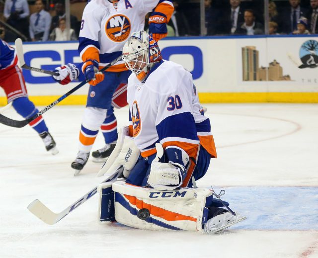 Sep 27, 2016; New York, NY, USA; New York Islanders goaltender JF Berube (30) makes a pad save against the New York Rangers during the first period during a preseason hockey game at Madison Square Garden. Mandatory Credit: Andy Marlin-USA TODAY Sports