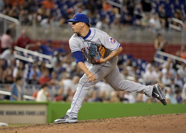 Sep 28, 2016; Miami, FL, USA; New York Mets relief pitcher Hansel Robles (47) throws during the sixth inning against the Miami Marlins at Marlins Park. The Mets won 5-2. Mandatory Credit: Steve Mitchell-USA TODAY Sports