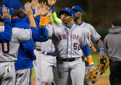 Sep 30, 2016; Philadelphia, PA, USA; New York Mets left fielder Yoenis Cespedes (52) celebrates a victory against the Philadelphia Phillies at Citizens Bank Park. The New York Mets won 5-1. Mandatory Credit: Bill Streicher-USA TODAY Sports