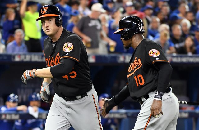 Oct 4, 2016; Toronto, Ontario, CAN; Baltimore Orioles right fielder Mark Trumbo (45) celebrates with center fielder Adam Jones (10) after hitting a two run home run during the fourth inning against the Toronto Blue Jays in the American League wild card playoff baseball game at Rogers Centre. Mandatory Credit: Nick Turchiaro-USA TODAY Sports