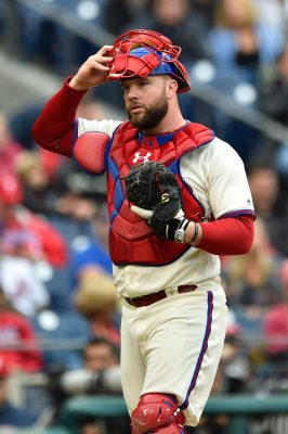 Oct 1, 2016; Philadelphia, PA, USA; Philadelphia Phillies catcher Cameron Rupp (29) in action during a baseball game against the New York Mets at Citizens Bank Park. Mandatory Credit: Derik Hamilton-USA TODAY Sports