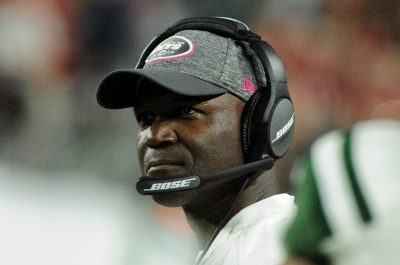 Oct 17, 2016; Glendale, AZ, USA; New York Jets head coach Todd Bowles looks on during the first half against the Arizona Cardinals at University of Phoenix Stadium. Mandatory Credit: Matt Kartozian-USA TODAY Sports