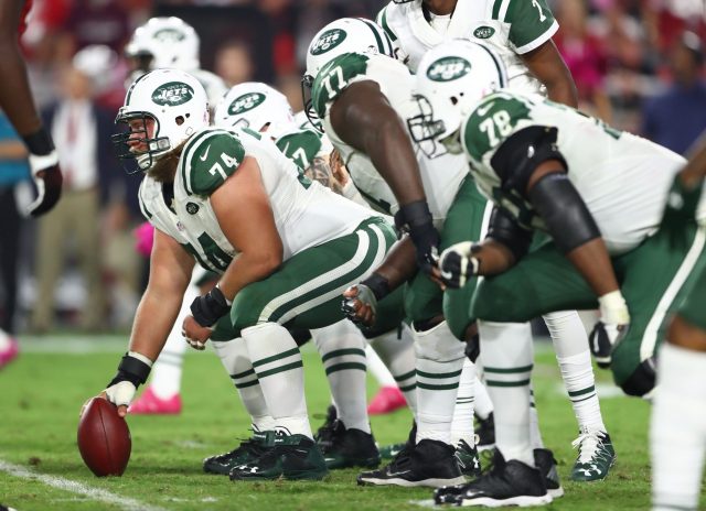 Oct 17, 2016; Glendale, AZ, USA; New York Jets center Nick Mangold (74) against the Arizona Cardinals at University of Phoenix Stadium. The Cardinals defeated the Jets 28-3. Mandatory Credit: Mark J. Rebilas-USA TODAY Sports