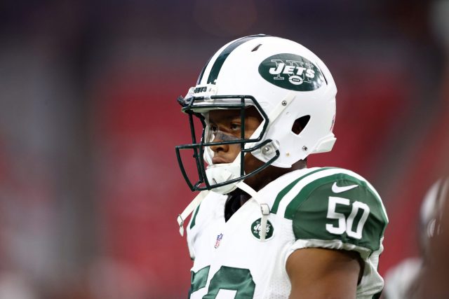 Oct 17, 2016; Glendale, AZ, USA; New York Jets linebacker Darron Lee (50) against the Arizona Cardinals at University of Phoenix Stadium. Mandatory Credit: Mark J. Rebilas-USA TODAY Sports