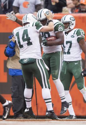 Oct 30, 2016; Cleveland, OH, USA; New York Jets quarterback Ryan Fitzpatrick (14) celebrates running back Bilal Powell (29) touchdown during the second quarter against the Cleveland Browns at FirstEnergy Stadium. Mandatory Credit: Scott R. Galvin-USA TODAY Sports