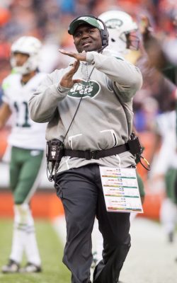 Oct 30, 2016; Cleveland, OH, USA; New York Jets head coach Todd Bowles calls timeout during the second half against the Cleveland Browns at FirstEnergy Stadium. The Jets won 31-28. Mandatory Credit: Scott R. Galvin-USA TODAY Sports