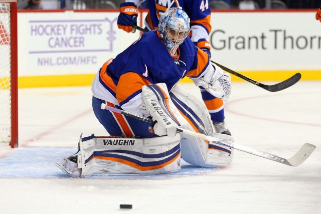 Oct 30, 2016; Brooklyn, NY, USA; New York Islanders goalie Thomas Greiss (1) defends the goal against the Toronto Maple Leafs during the first period at Barclays Center. Mandatory Credit: Brad Penner-USA TODAY Sports