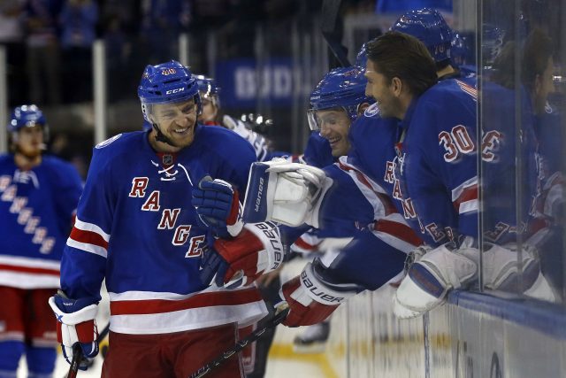 Oct 30, 2016; New York, NY, USA; New York Rangers right wing Michael Grabner (40) celebrates with teammates after scoring his third goal of the game during the third period against the Tampa Bay Lightning at Madison Square Garden. Mandatory Credit: Adam Hunger-USA TODAY Sports