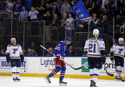 Nov 1, 2016; New York, NY, USA; New York Rangers left wing Jimmy Vesey (26) after scoring a goal against the St. Louis Blues during the first period at Madison Square Garden. Mandatory Credit: Adam Hunger-USA TODAY Sports