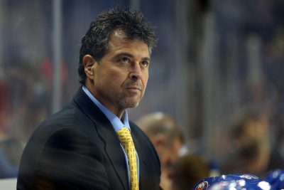 Nov 1, 2016; Brooklyn, NY, USA; New York Islanders head coach Jack Capuano coaches against the Tampa Bay Lightning during the first period at Barclays Center. Mandatory Credit: Brad Penner-USA TODAY Sports