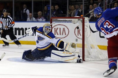 Nov 1, 2016; New York, NY, USA; New York Rangers center Kevin Hayes (13) scores a goal past St. Louis Blues goalie Carter Hutton (40) during the second period at Madison Square Garden. Mandatory Credit: Adam Hunger-USA TODAY Sports