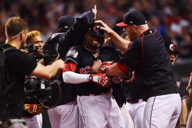 Nov 2, 2016; Cleveland, OH, USA; Cleveland Indians center fielder <a rel=