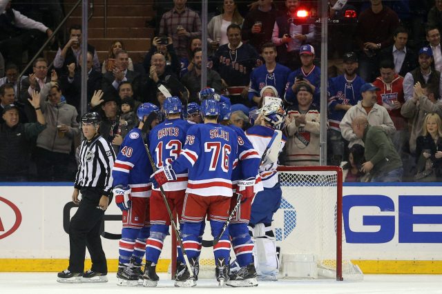 Nov 3, 2016; New York, NY, USA; New York Rangers right wing Kevin Hayes (13) celebrates his goal against the Edmonton Oilers with teammates during the first period at Madison Square Garden. Mandatory Credit: Brad Penner-USA TODAY Sports