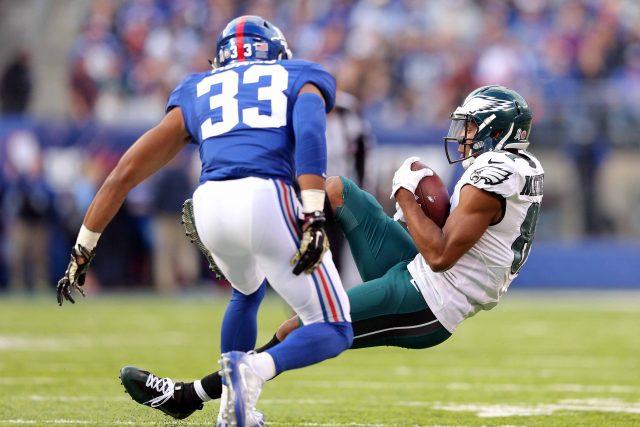 Nov 6, 2016; East Rutherford, NJ, USA; Philadelphia Eagles wide receiver Jordan Matthews (81) makes a catch against New York Giants safety Andrew Adams (33) during the second quarter at MetLife Stadium. Mandatory Credit: Brad Penner-USA TODAY Sports