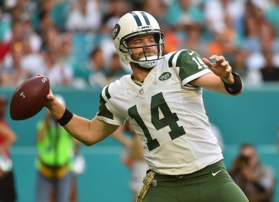 Nov 6, 2016; Miami Gardens, FL, USA; New York Jets quarterback Ryan Fitzpatrick (14) attempts a pass against the Miami Dolphins during the second half at Hard Rock Stadium. The Miami Dolphins defeat the New York Jets 27-23. Mandatory Credit: Jasen Vinlove-USA TODAY Sports