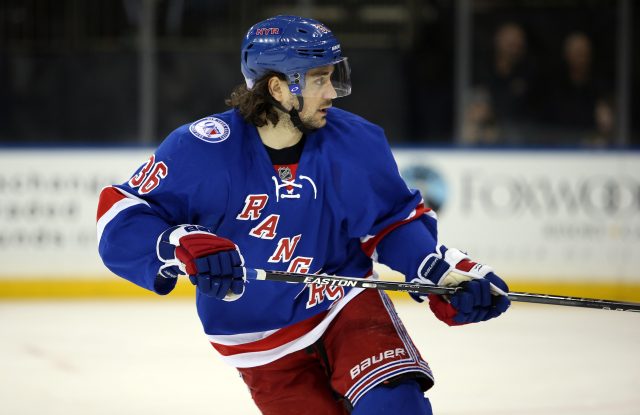 Nov 6, 2016; New York, NY, USA; New York Rangers right wing Mats Zuccarello (36) during the third period against the Winnipeg Jets at Madison Square Garden. Mandatory Credit: Danny Wild-USA TODAY Sports